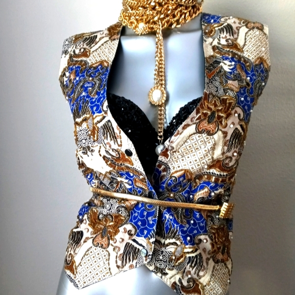 "WESTERN TRIBAL" Vintage "ART to WEAR" Ethnic Beaded Graphics Snap Buttons Vest - Picture 8 of 13